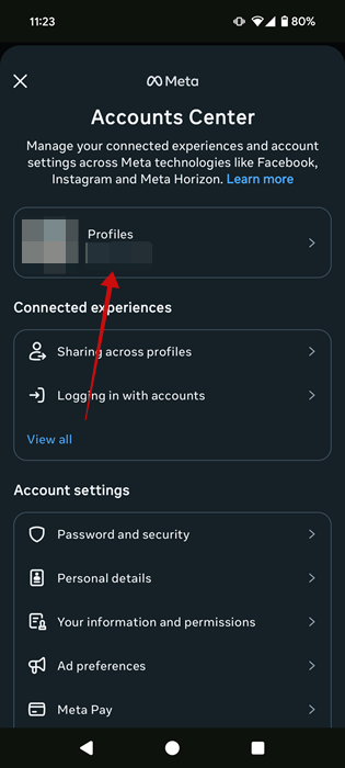 Tapping on Instagram account in Accounts Center in mobile app. 