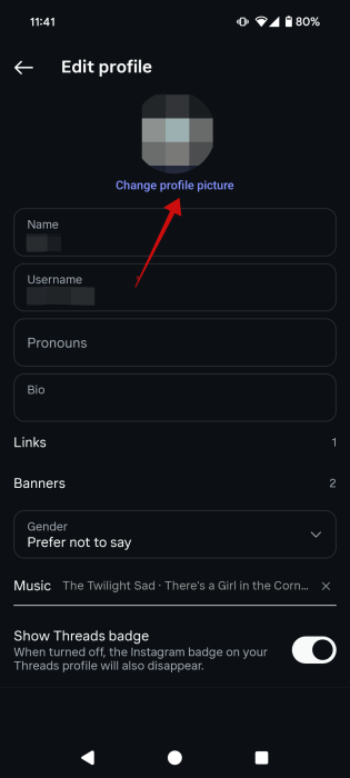 Selecting "Change profile picture" option in Instagram mobile app. 