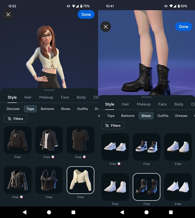 Creating an outfit for Avatar in Instagram on mobile. 