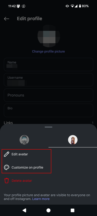 Opting to either "Edit avatar" or "Customize on profile" in Instagram mobile app. 
