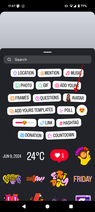 Selecting "Avatar" option under Stickers for Instagram story in mobile app. 
