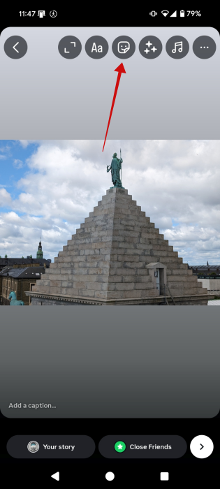 Tapping "Sticker" icon on Instagram story via mobile app. 