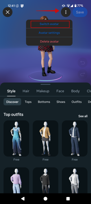 Tapping on "Switch avatar" option in Instagram app on mobile. 