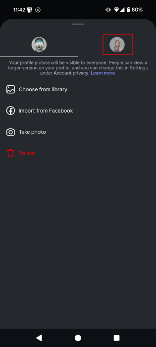 Switching to Avatar option when setting new profile picture in Instagram mobile app. 