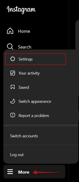 Accessing Settings in Instagram on the web. 