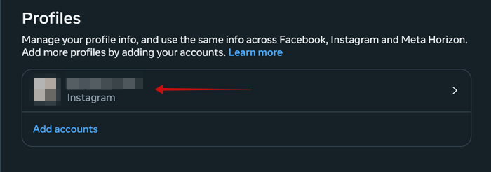 Selecting Instagram account in Accounts Center in web version. 