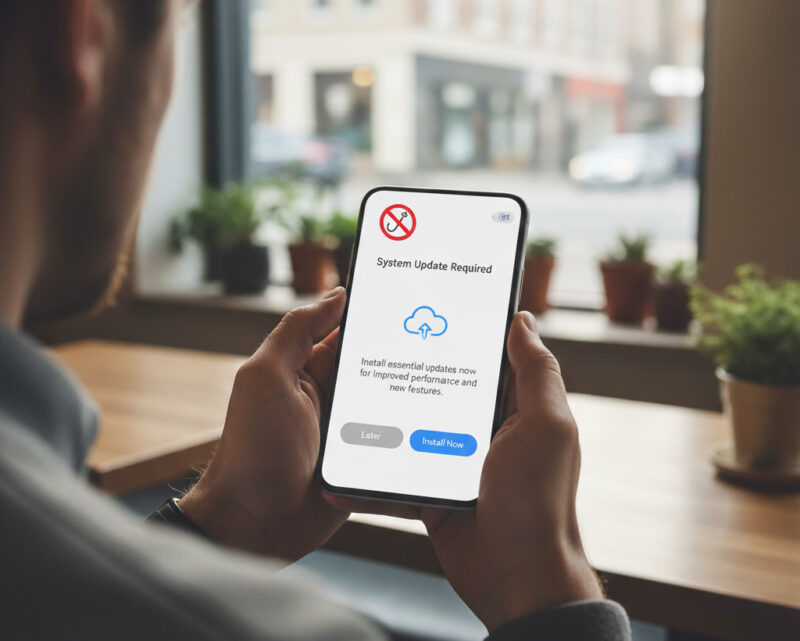 man looking at phone with a fake update prompt