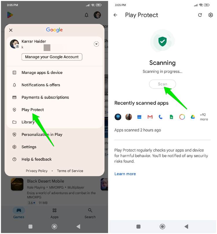 Play Protect scaning Android phone