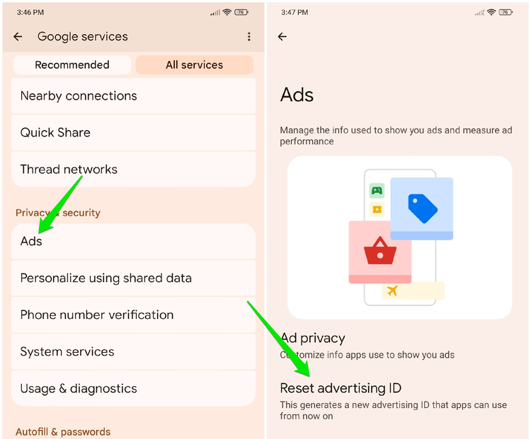 Google ads settings showing reset options
