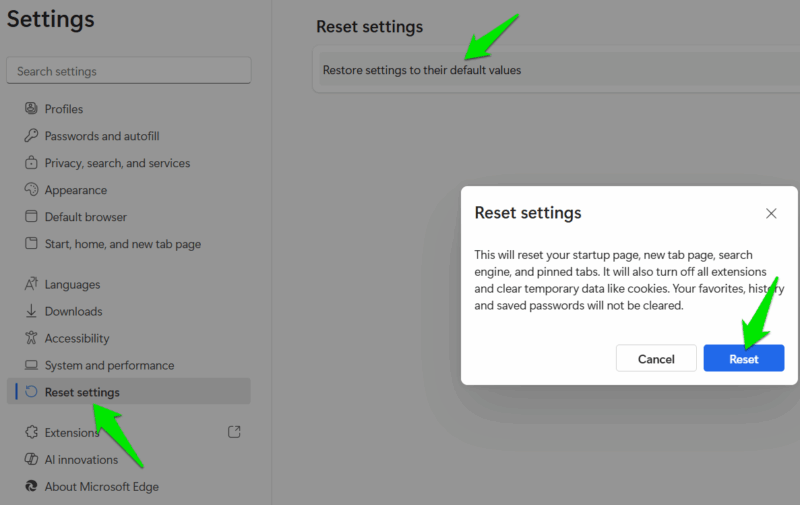Resetting Microsoft Edge