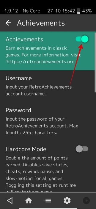 Enabling "Achievements" toggle in RetroArch app on Android.