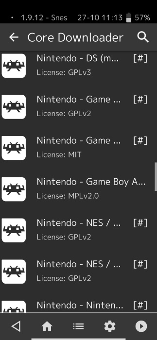 Browsing available cores in RetroArch app on Android.