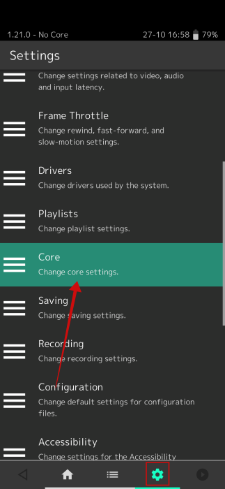 Tapping "Core" in RetroArch app on Android. 