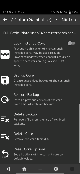Selecting "Delete Core" in RetroArch app on Android. 