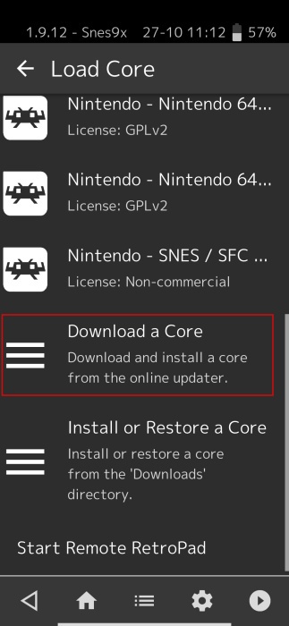 Tapping on "Download a Core" option in RetroArch app on Android. 