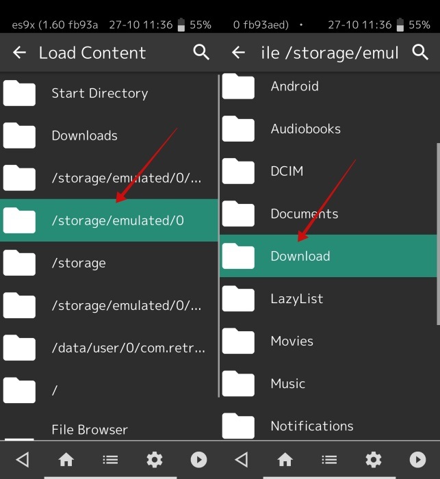 Finding ROMs on Android device via RetroArch app. 