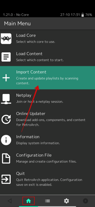 Tapping on "Import Content" in RetroArch app on Android.