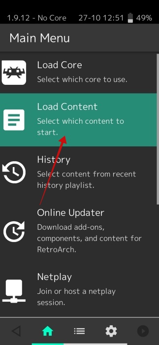 Pressing on "Load Content" in RetroArch app on Android.