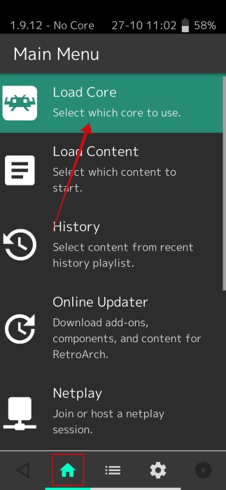 Tapping on "Load Core" in RetroArch app on Android.