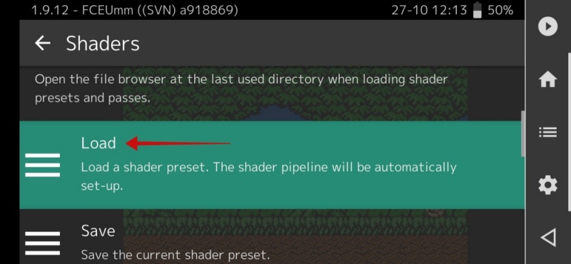 Selecting "Load" option in RetroArch app on Android.