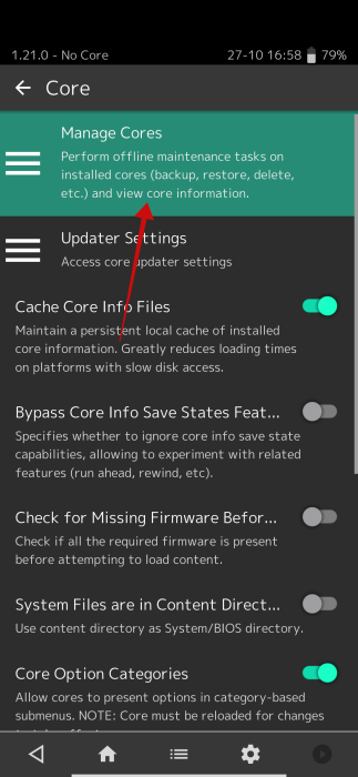 Tapping on "Manage Cores" in RetroArch app on Android. 