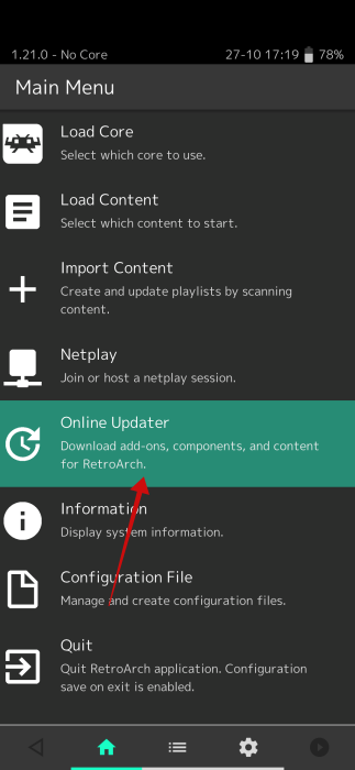 Tapping on "Online Updater" option in RetroArch app on Android.