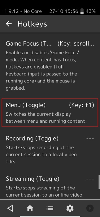 Setting hotkeys in RetroArch app on Android.