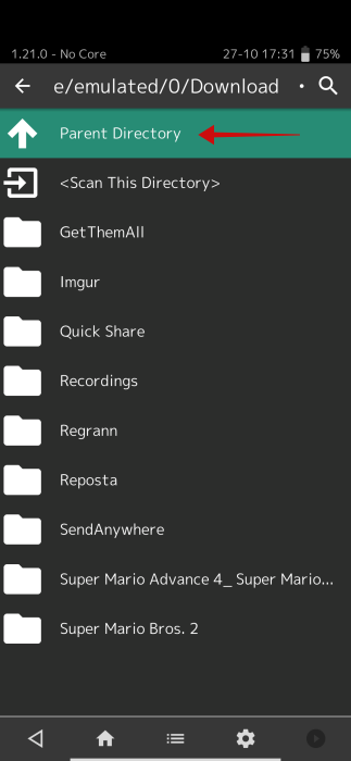 Opting to scan directory in RetroArch app on Android.