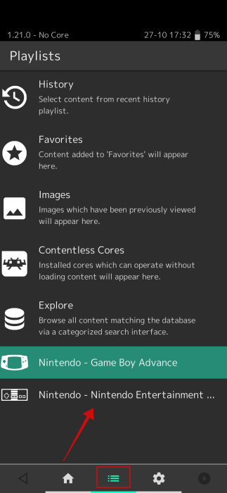 Viewing playlists in RetroArch app on Android.