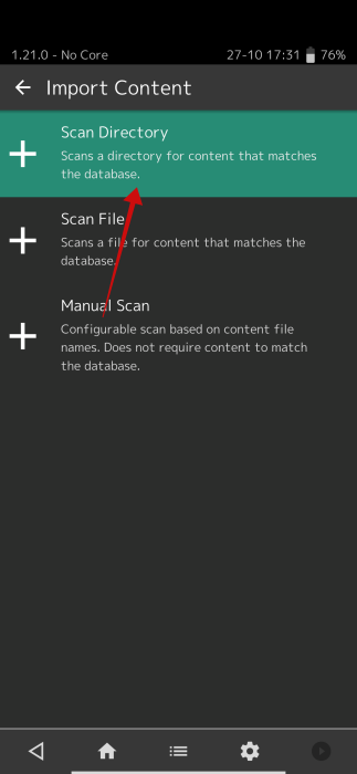 Selecting to "Scan Directory" in RetroArch app on Android.
