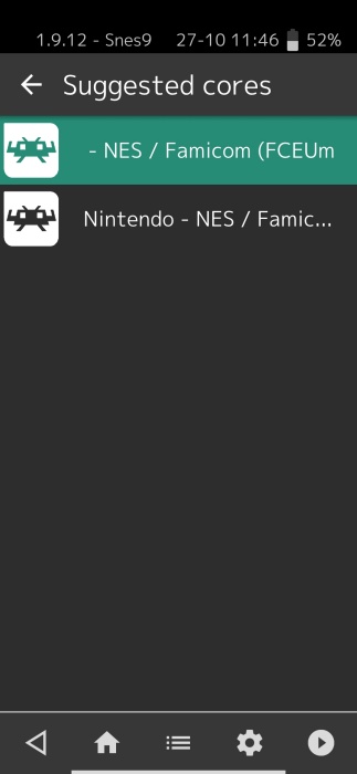 Selecting a core before playing a game in RetroArch app on Android.