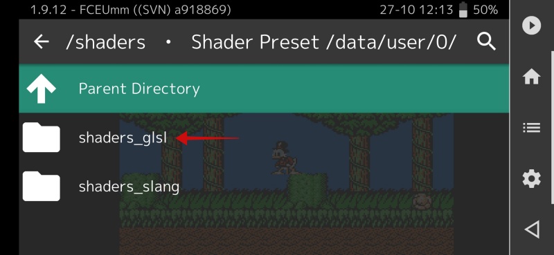 Selecting new shader for game in RetroArch app on Android.