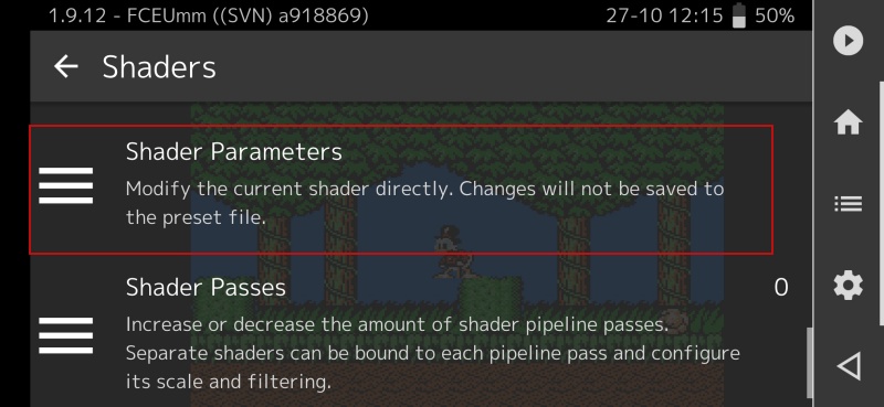 Accessing the "Shader Parameters" option in RetroArch app for Android.