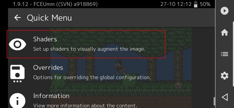 Selecting "Shaders" while playing game in RetroArch app on Android.