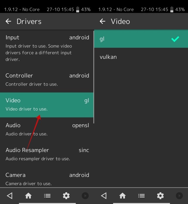 Switching to anothervideo drivers in RetroArch app on Android.