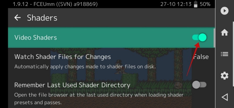 Toggling on the "Video Shaders" option in RetroArch app on Android.