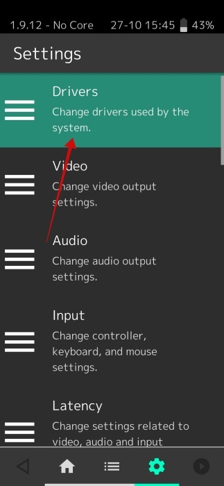 Tapping on "Drivers" option in RetroArch app on Android.
