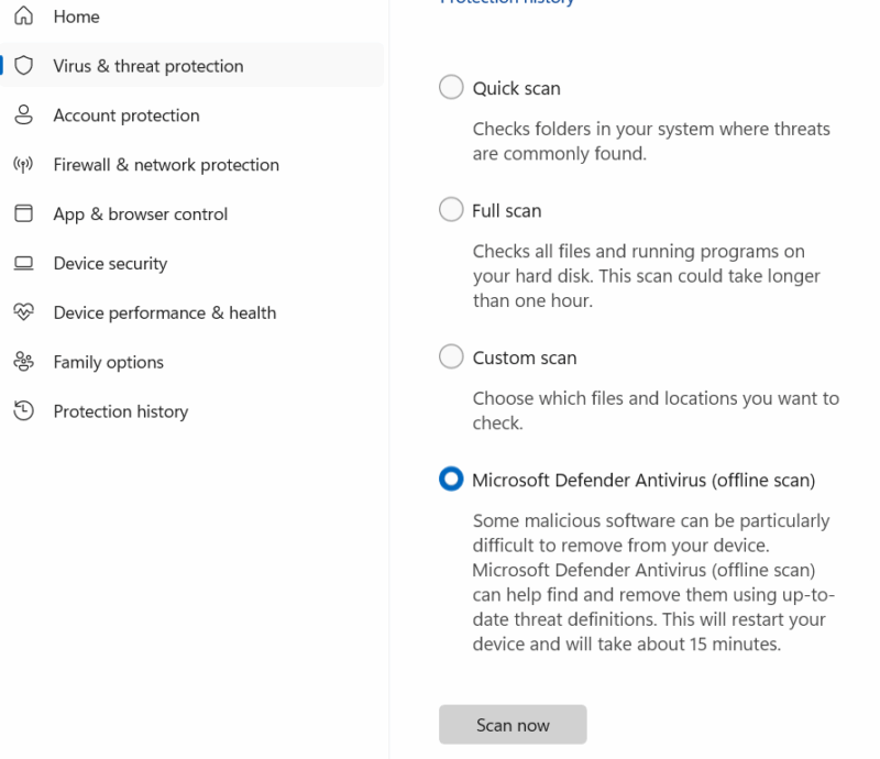 Microsoft Defender scan options