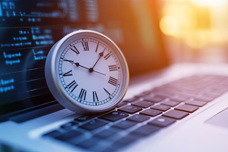 hand clock on a laptop keyboard
