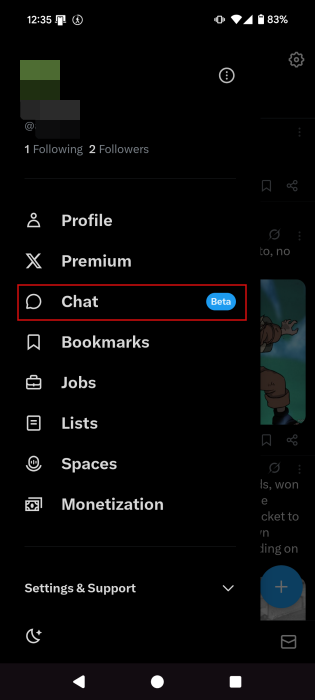Tapping "Chat" option in X app on Android.