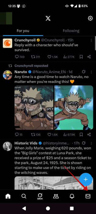 Accessing regular chats in X app on Android.