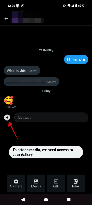 Attaching media options for encrypted messages in X app on Android.