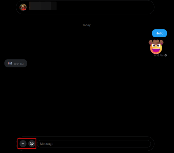 View of encrypted chat on X with insert options available on PC. 
