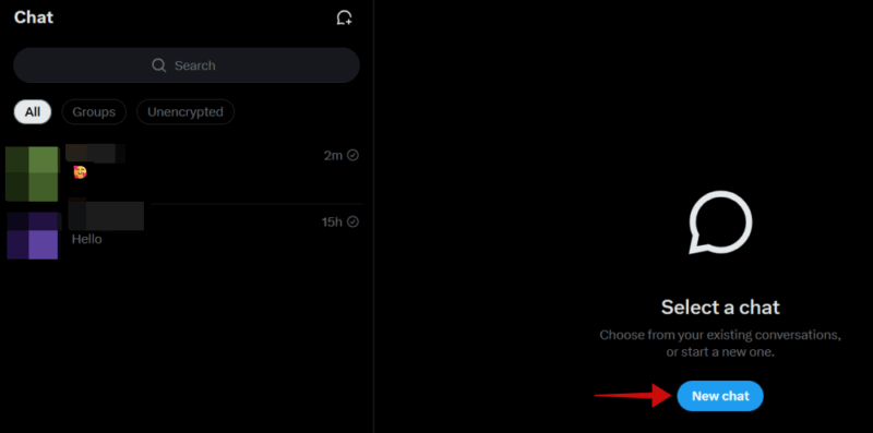 Clicking "New chat" button to create encrypted conversation in X on PC. 