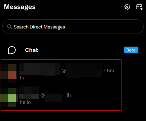 Your list of regular chats view in X on PC. 