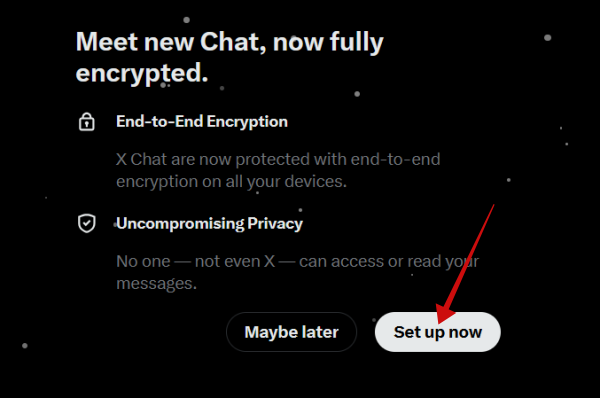 Tapping on "Set up now" button on set up encryption feature on X on PC. 