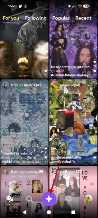 Pressing "+" button to create new collage in Shuffles app. 