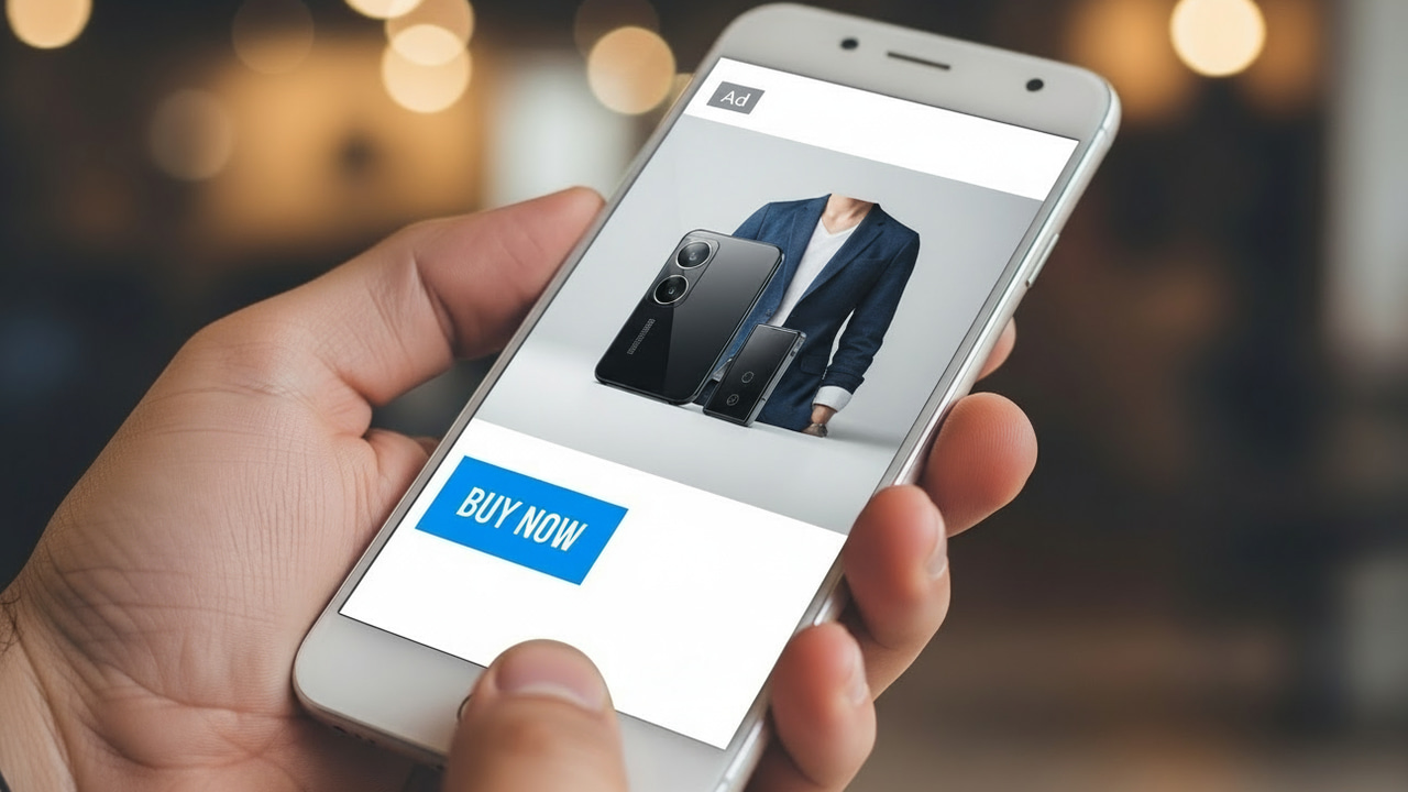 Phone in hand with an ad on screen with buy now button