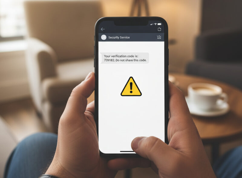 a phone with SMS verification text with caution icon
