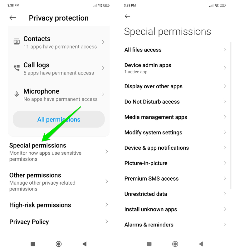 list of special permissions on Android